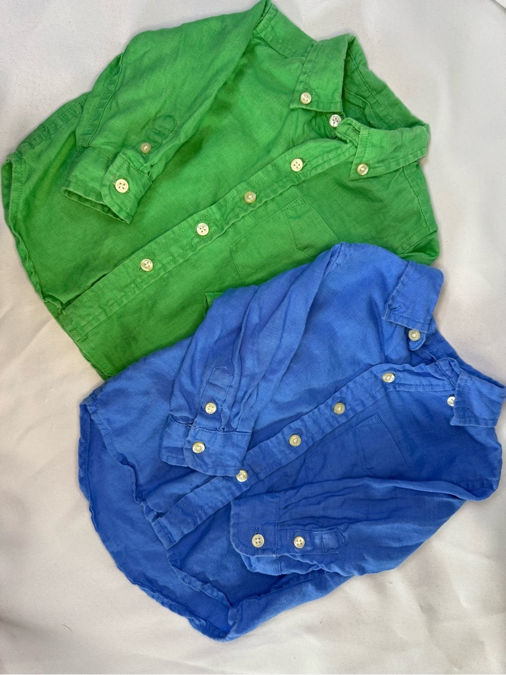 The Children’s Place - 100% Linen Bundle of 2 Button-Up Shirts- Blue/Green 6-9Mo
